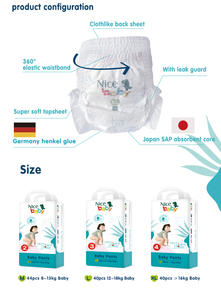 Your Logo German Henkel Glue Japan SAP Absorbent Core Soft Baby Diaper Pants NDBDE-2 Niceday Детские подгузники Мягкие и комфортные Абсорбент из Японии Качественный клей из Германии Эластичный поясок для детей