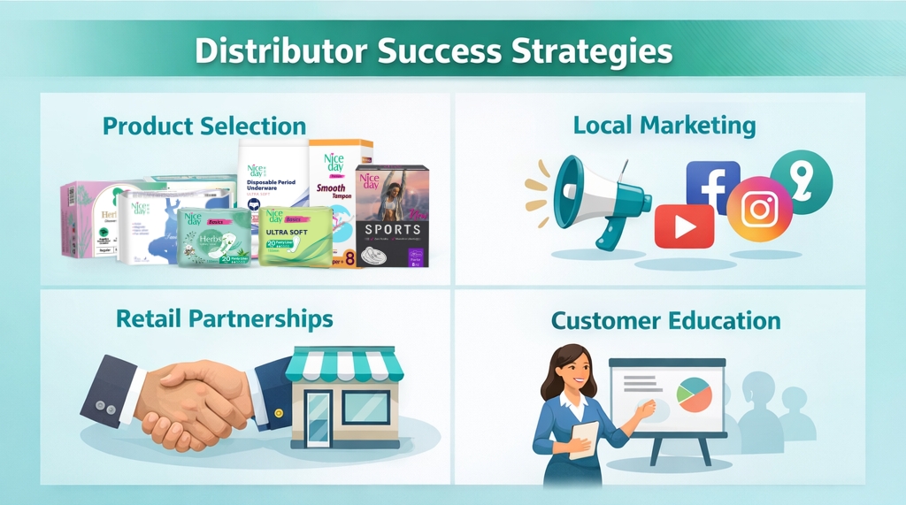 Niceday sanitary pad product mix for retail, pharmacy, and local market distribution.