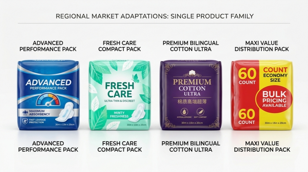 Different sanitary pad packaging styles for different regional markets