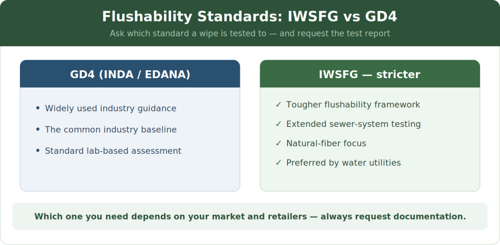 Flushability standards comparison: IWSFG vs GD4 for flushable wipes