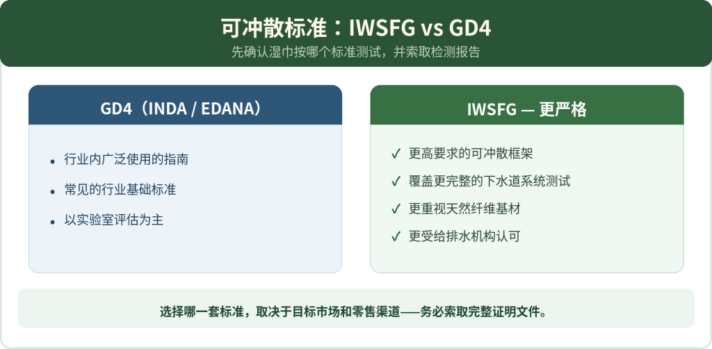 可冲散标准对比：IWSFG 与 GD4 湿巾标准