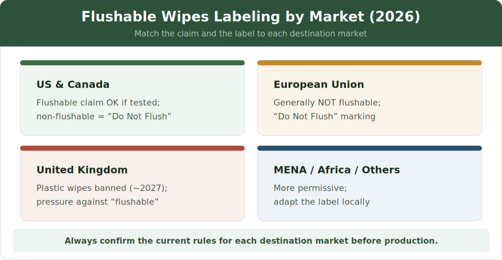 Flushable wipes labeling requirements by market in 2026: US, EU, UK, MENA