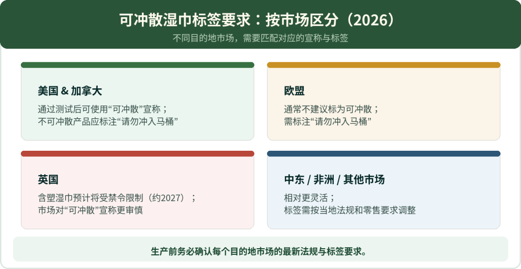 2026年各市场可冲散湿巾标签要求：美国、欧盟、英国、中东和北非 (MENA)