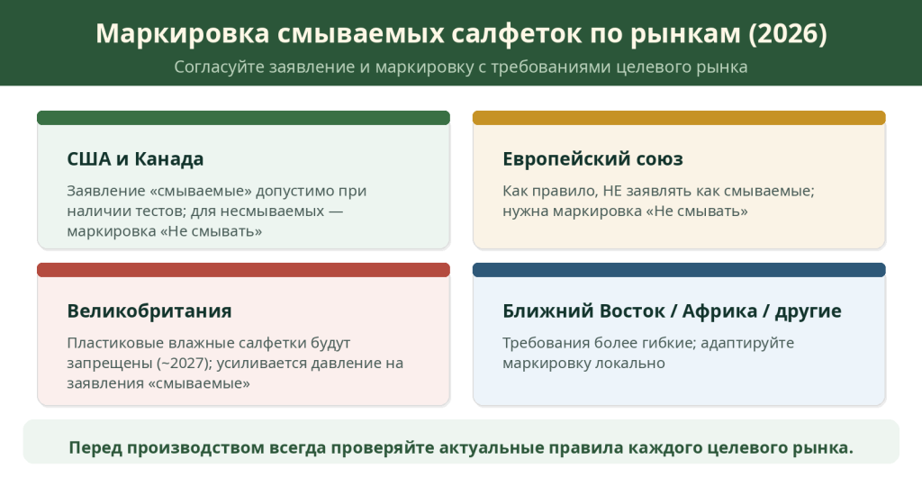 Требования к маркировке смываемых салфеток по рынкам в 2026 году: США, ЕС, Великобритания и регион MENA
