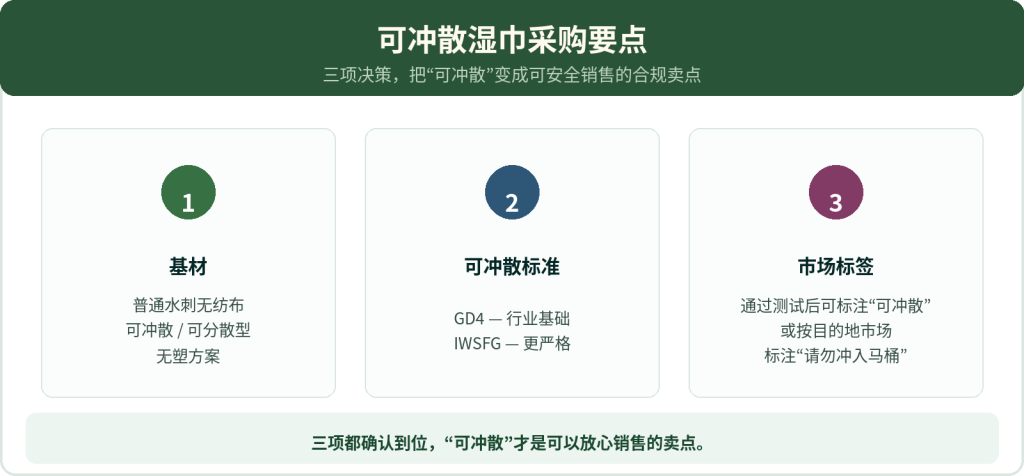如何采购可冲散湿巾：基材、可冲散标准与市场标签要求