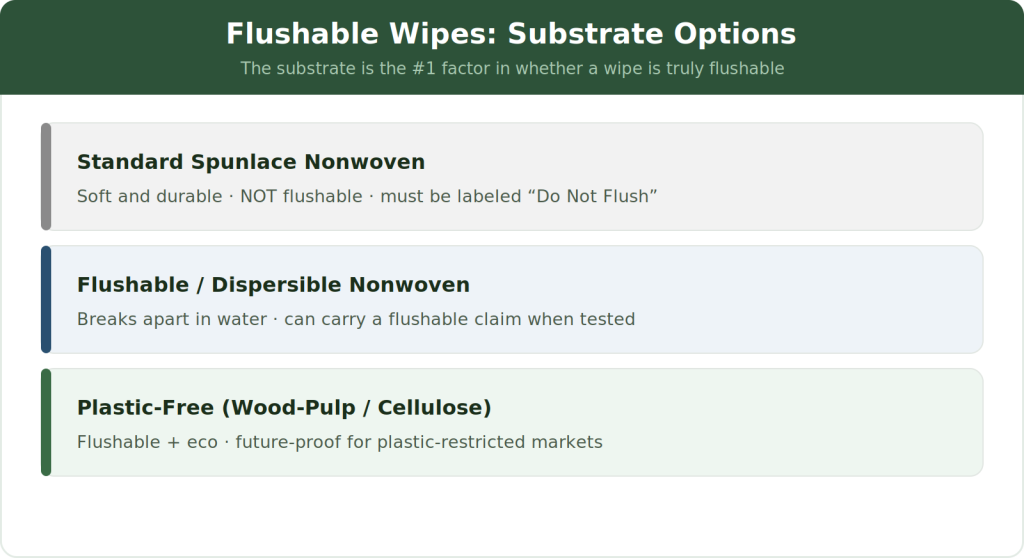 Flushable wipes substrate options: standard spunlace, dispersible, and plastic-free